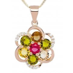 Silver Flower Necklace With Colourful Birth Stones - Rose Gold Plated