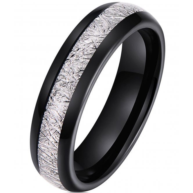 Silver Meteorite Inlay Black Tungsten Wedding Band Ring