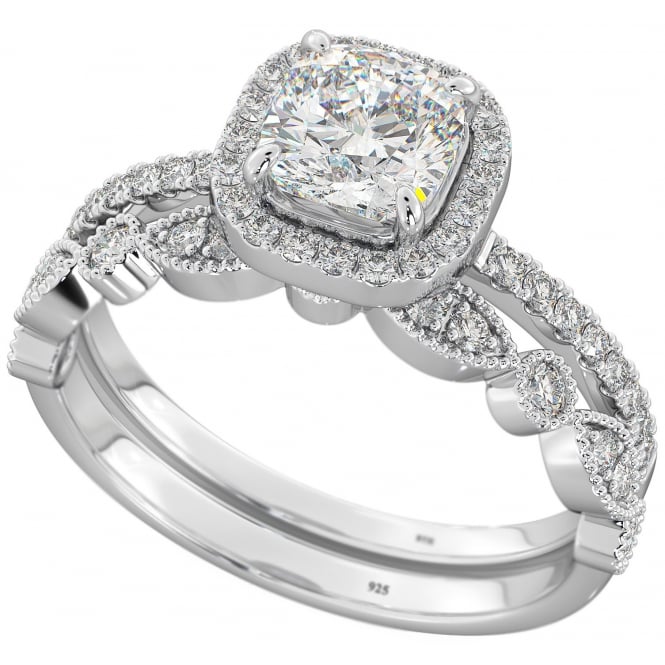 Sterling Silver Cushion Cut Cubic Zirconia Halo Ring Set