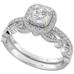 Sterling Silver Cushion Cut Cubic Zirconia Halo Ring Set