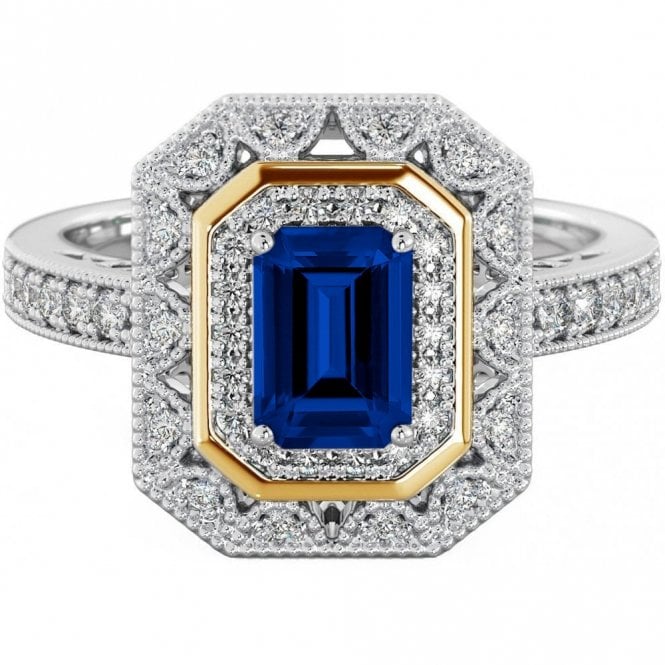 Sterling Silver Halo Ring with Blue Sapphire Emerald 
