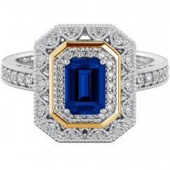Sterling Silver Halo Ring with Blue Sapphire Emerald 