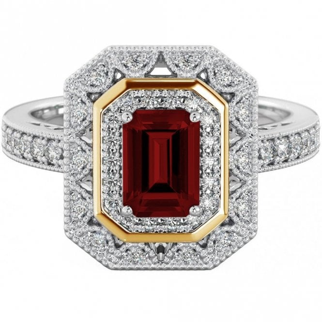 Sterling Silver Halo Ring with Emerald Cut Red Ruby 