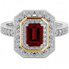 Sterling Silver Halo Ring with Emerald Cut Red Ruby 