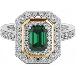 Sterling Silver Halo Ring with Green Emerald Cubic Zirconia