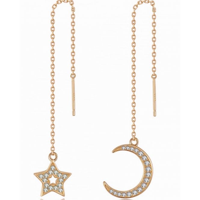 Sterling Silver Moon and Star Gold Tone Chain Earrings 