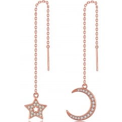 Sterling Silver Moon and Star Rose Gold Tone Long Chain Earrings 