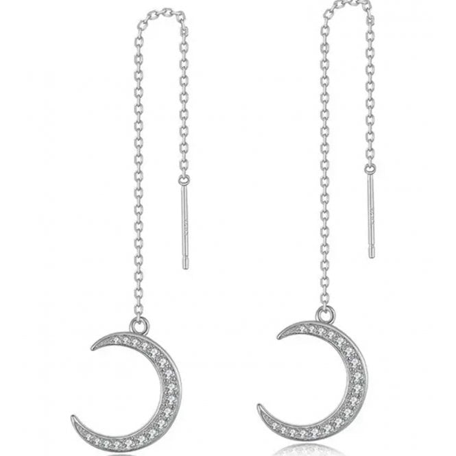 Sterling Silver Moon Long Chain Earrings 