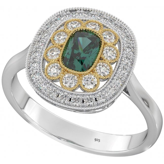 Sterling Silver Two Tone Halo Ring with Green Emerald Cubic Zirconia