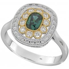 Sterling Silver Two Tone Halo Ring with Green Emerald Cubic Zirconia