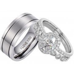 Three-Piece His and Hers Titanium and Sterling Silver Ring Set