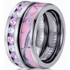 Titanium 2 Piece Pink Sapphire CZ Eternity Band And Pink Camo Wedding Engagement Ring Set