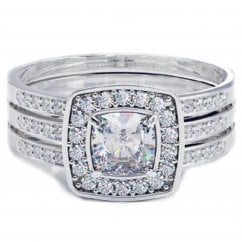 Trilogy Cushion Cut and Matching Bands Sterling Silver Ring Set