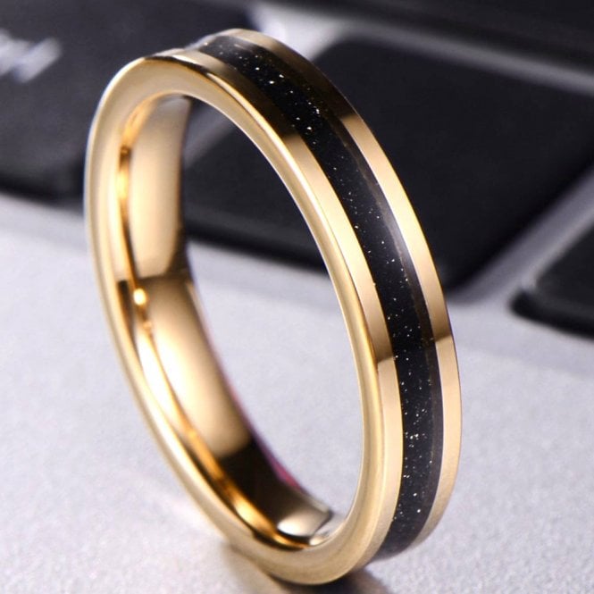 Tungsten Carbide Black Sand Blast Glitter Inlay 4mm Gold Wedding Band Ring