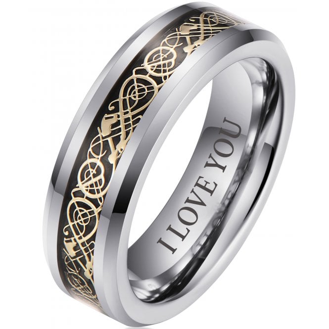 Tungsten Celtic Dragon Ring Wedding Band Engraved with ‘I Love You’ 