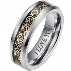 Tungsten Celtic Dragon Ring Wedding Band Engraved with ‘I Love You’ 