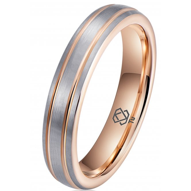 Tungsten Wedding Band – Brushed Silver with Rose Gold Grooves