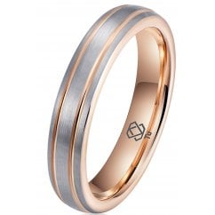 Tungsten Wedding Band – Brushed Silver with Rose Gold Grooves
