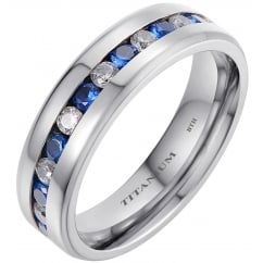 Unisex 6mm Titanium Band Ring With Blue Sapphire Cubic Zirconia 