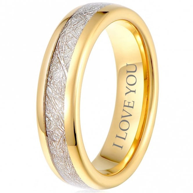 Unisex Tungsten Gold Wedding Band With Meteorite Engraved with ‘I Love You’ - 6mm