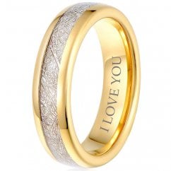 Unisex Tungsten Gold Wedding Band With Meteorite Engraved with ‘I Love You’ - 6mm