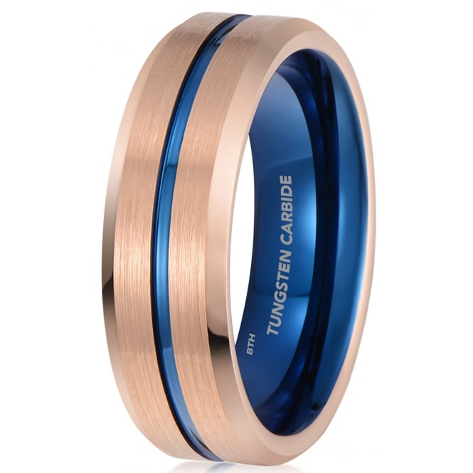 Wedding band ring for men in rose gold tone with blue inside