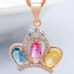 Women Silver Crown Necklace With Colourful Birth Stones -Rose Gold Plated 