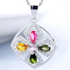 Women Silver Necklace With Colourful Birth Stones