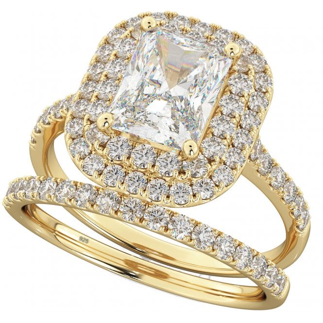 Women's Gold Tone 925 Silver Emerald Cut Two-Piece Ring Set
